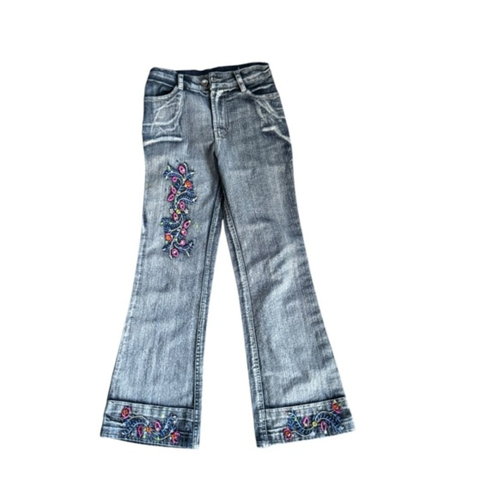 Y2K Embellished/Embroidered acid wash jeans flared size 8‎